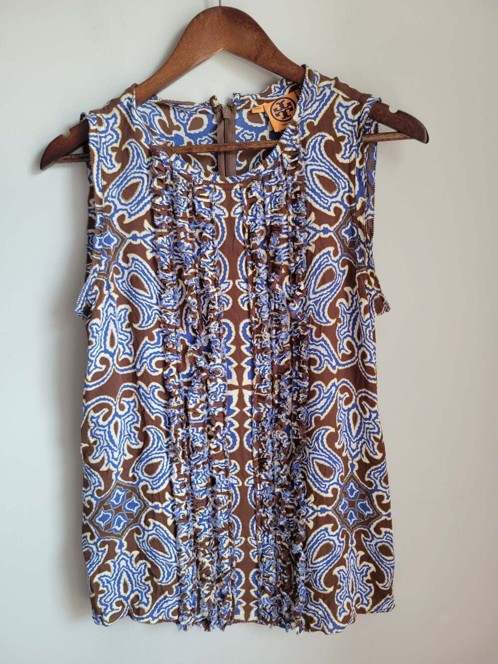 Tory Burch 100% Silk Paisley Sleeveless Pleated Ruffle Front Blouse 12 Work Clas